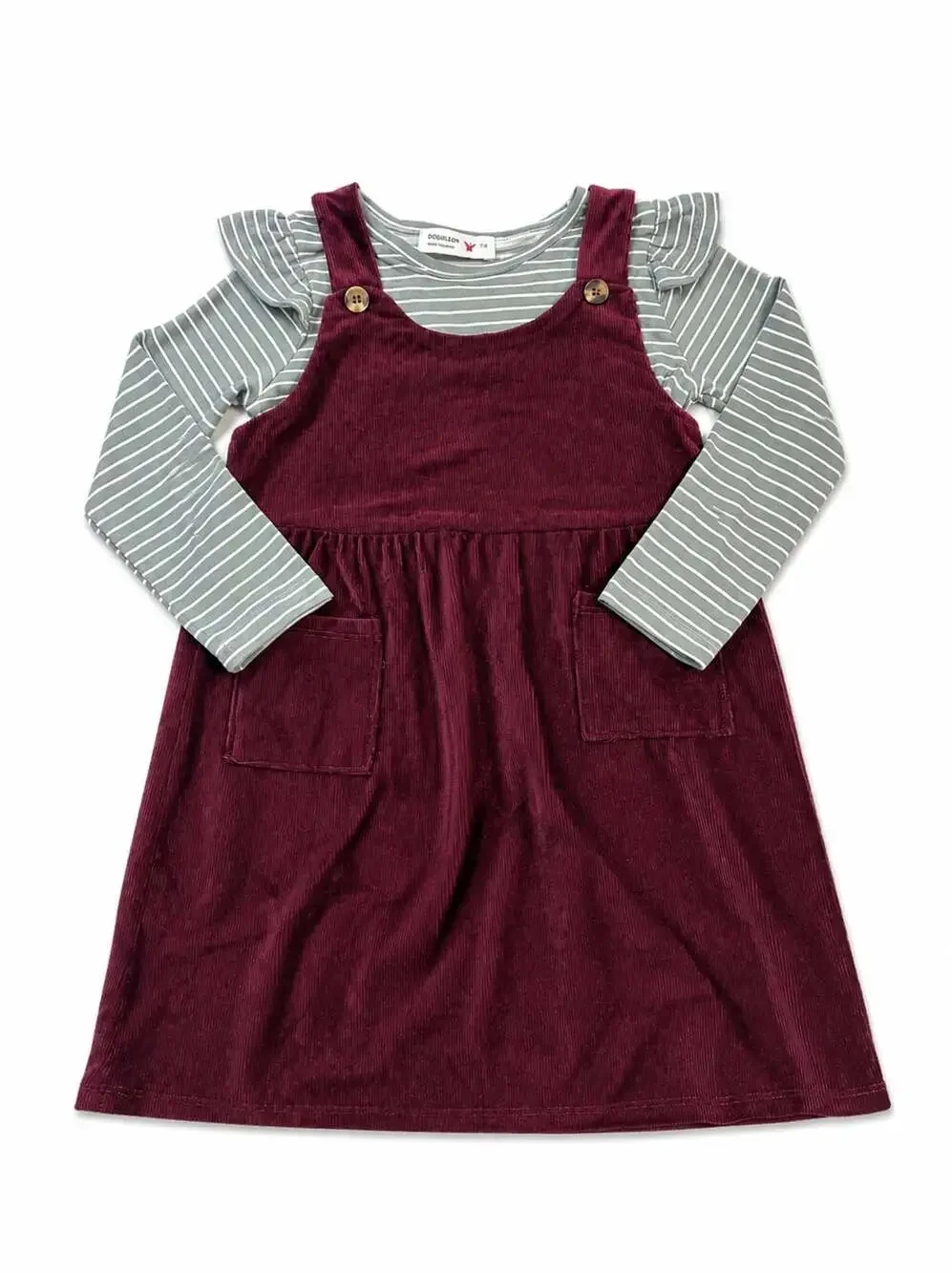 3T beautees Girls 2-Piece Burgundy Corduroy Pinafore Jumper and Striped Long Sle